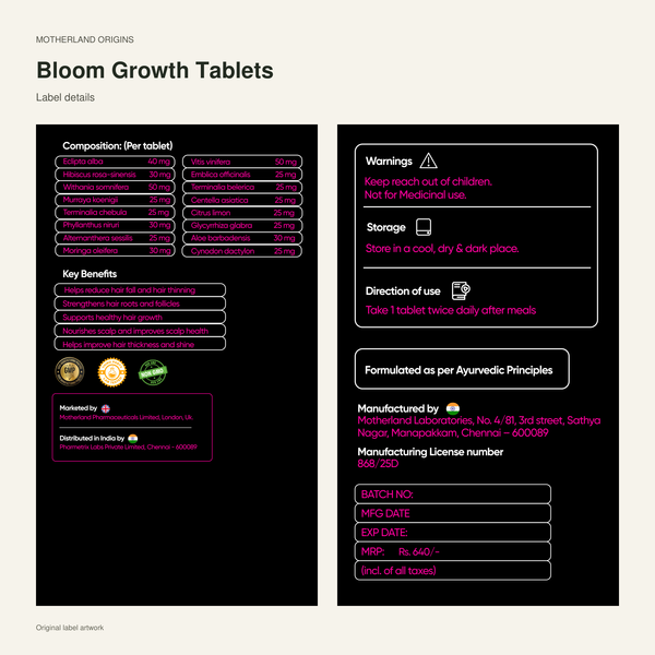 Motherland Origins - Bloom Growth Tablets original label details