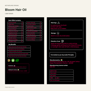Motherland Origins - bloom hair oil label