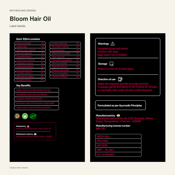 Motherland Origins - bloom hair oil label